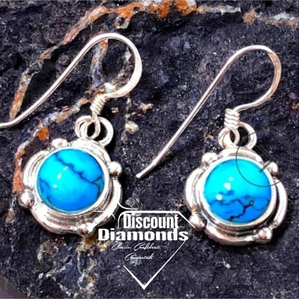 Round Turquoise French Hook Drop Earrings on 925 Silver - Women's
